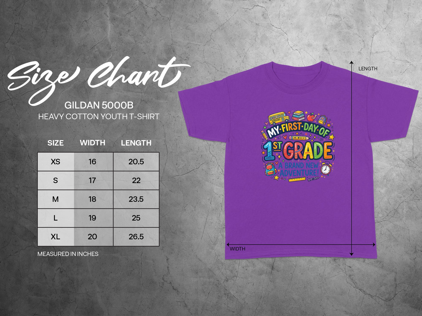 Purple youth t-shirt with "My First Day Of 1st Grade" graphic and size chart.