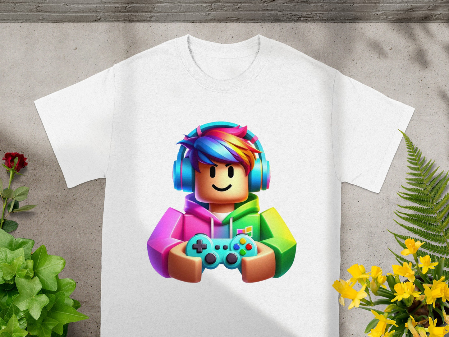 Roblox character with rainbow hair and headphones holding a game controller.