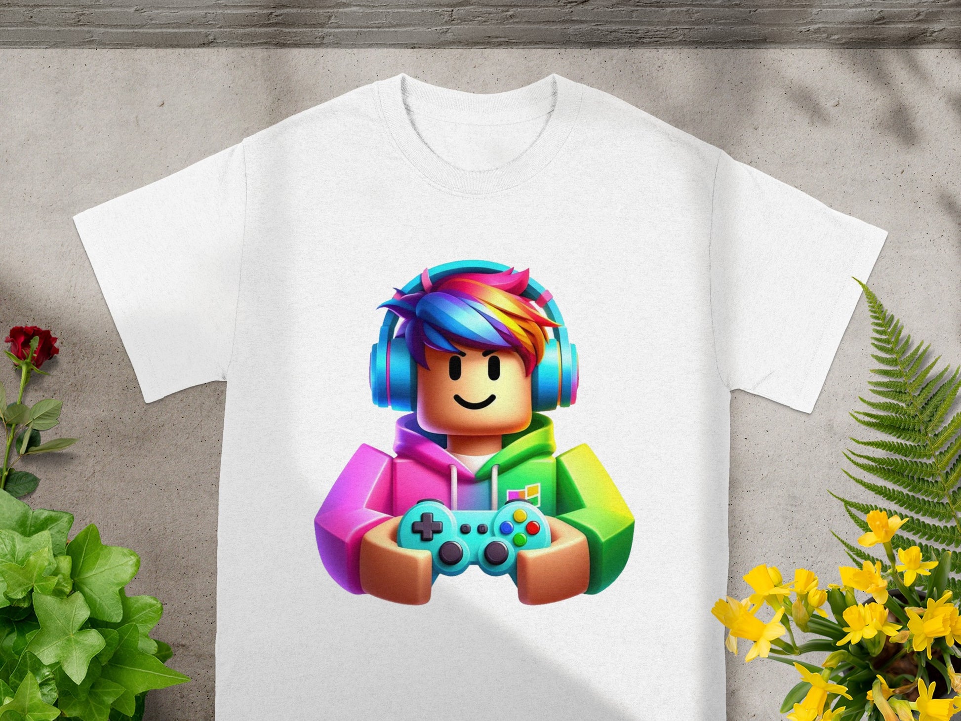 Roblox character with rainbow hair and headphones holding a game controller.