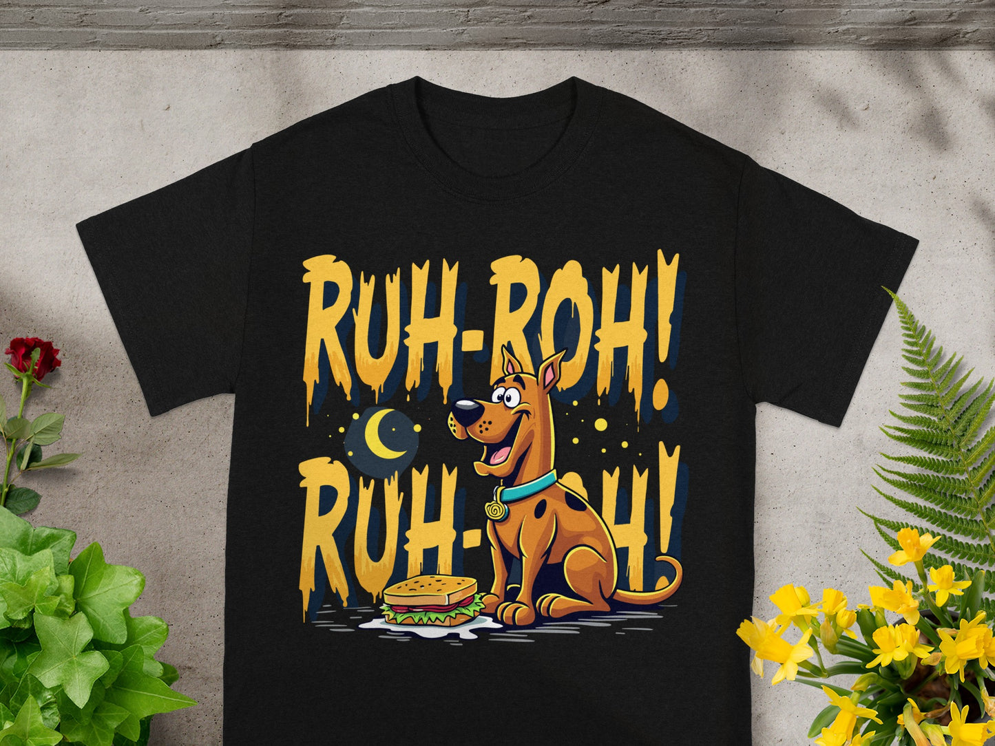 Scooby-Doo sitting next to a sandwich with "RUH-ROH RUH-ROH!" text.