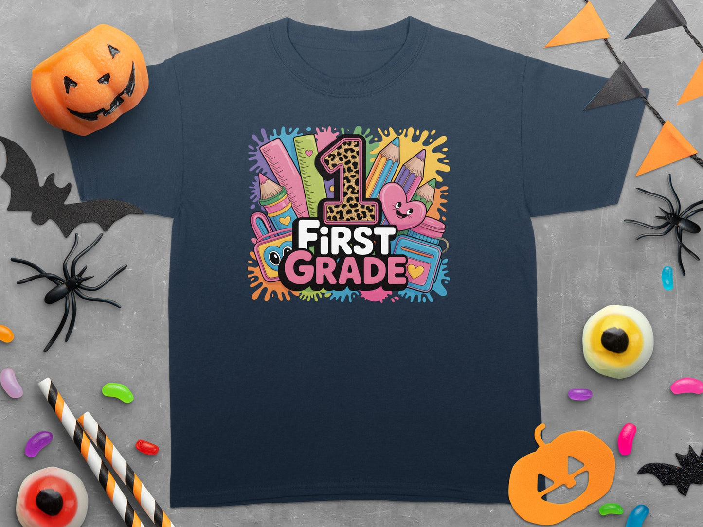 Navy t-shirt with "1st Grade" graphic featuring school and heart elements.