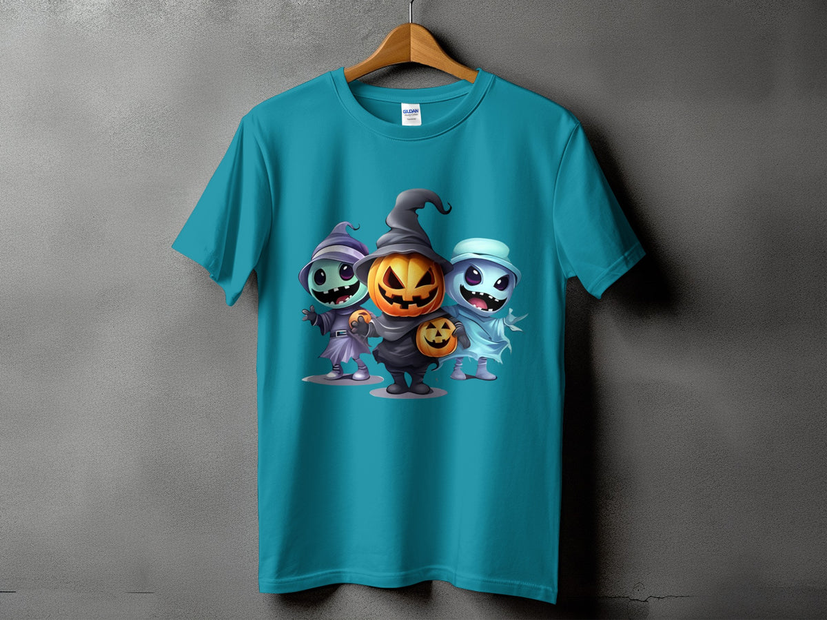 Teal t-shirt with cartoon witch, pumpkin, and ghost Halloween characters.
