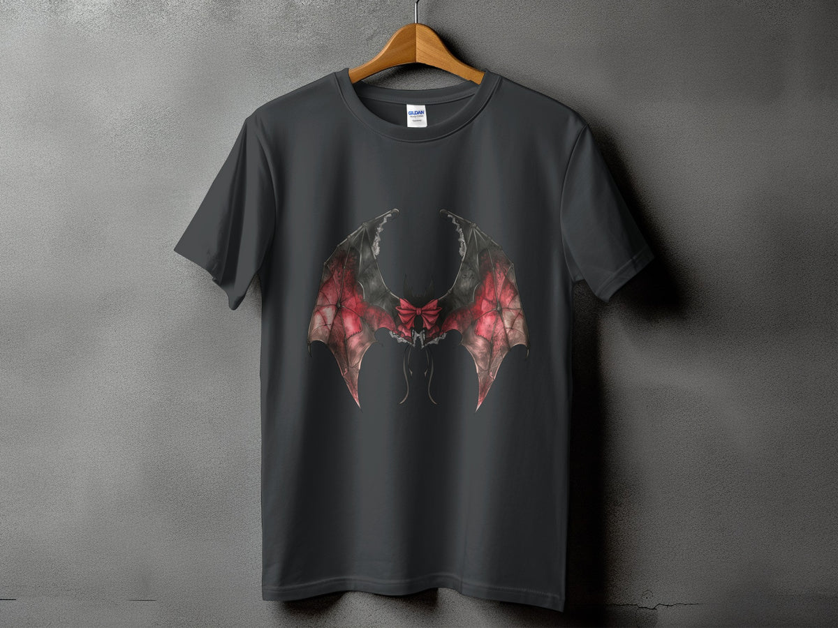 Dark grey t-shirt with gothic bat wings and red bow graphic.