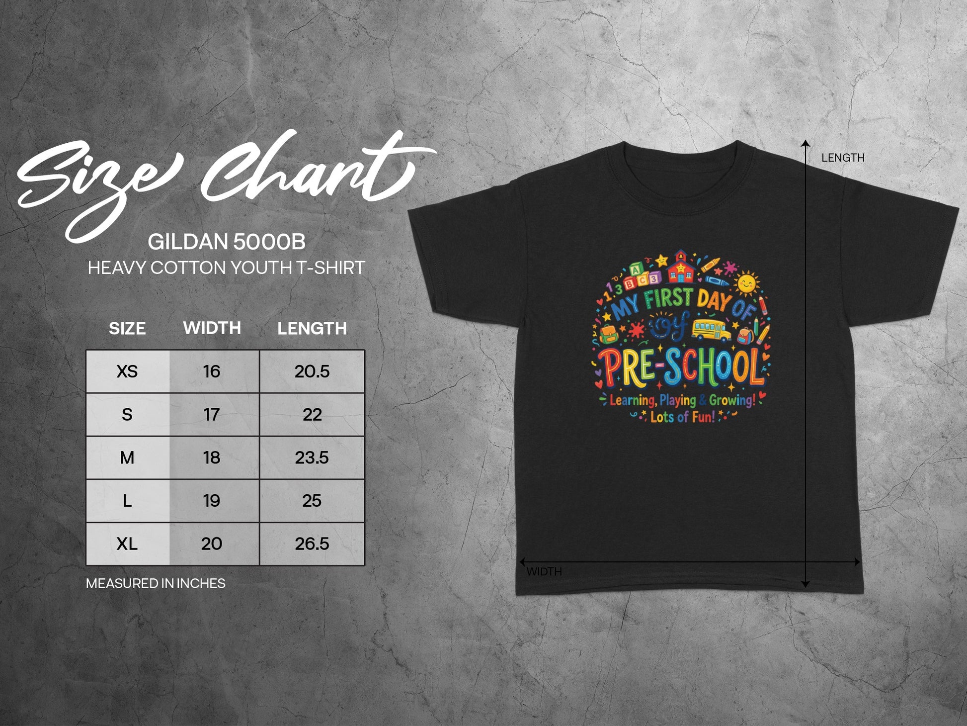 Gildan 5000B youth t-shirt size chart and "My First Day of Pre-School" graphic.