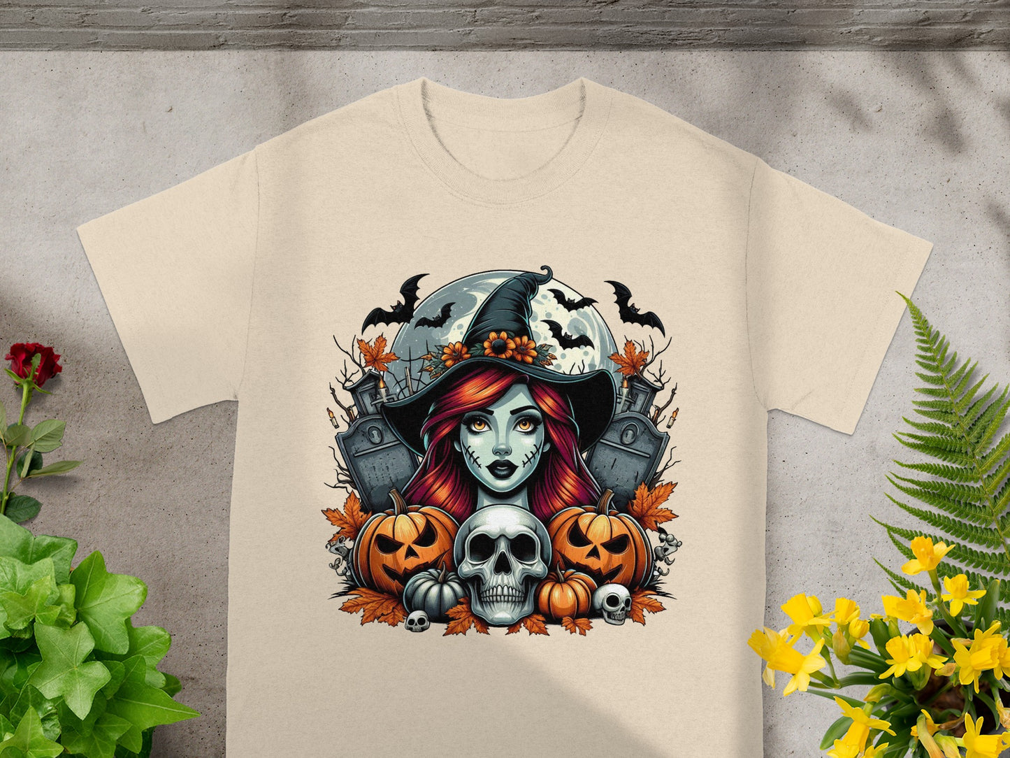 Halloween witch with pumpkins, skull, gravestones, and bats against moon.