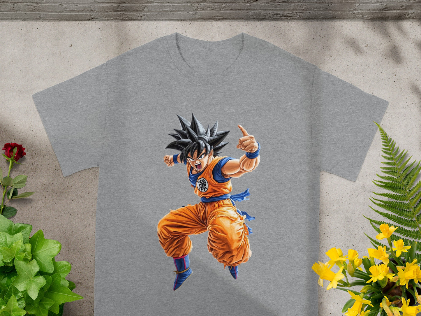 Goku from Dragon Ball Z in orange gi, pointing.