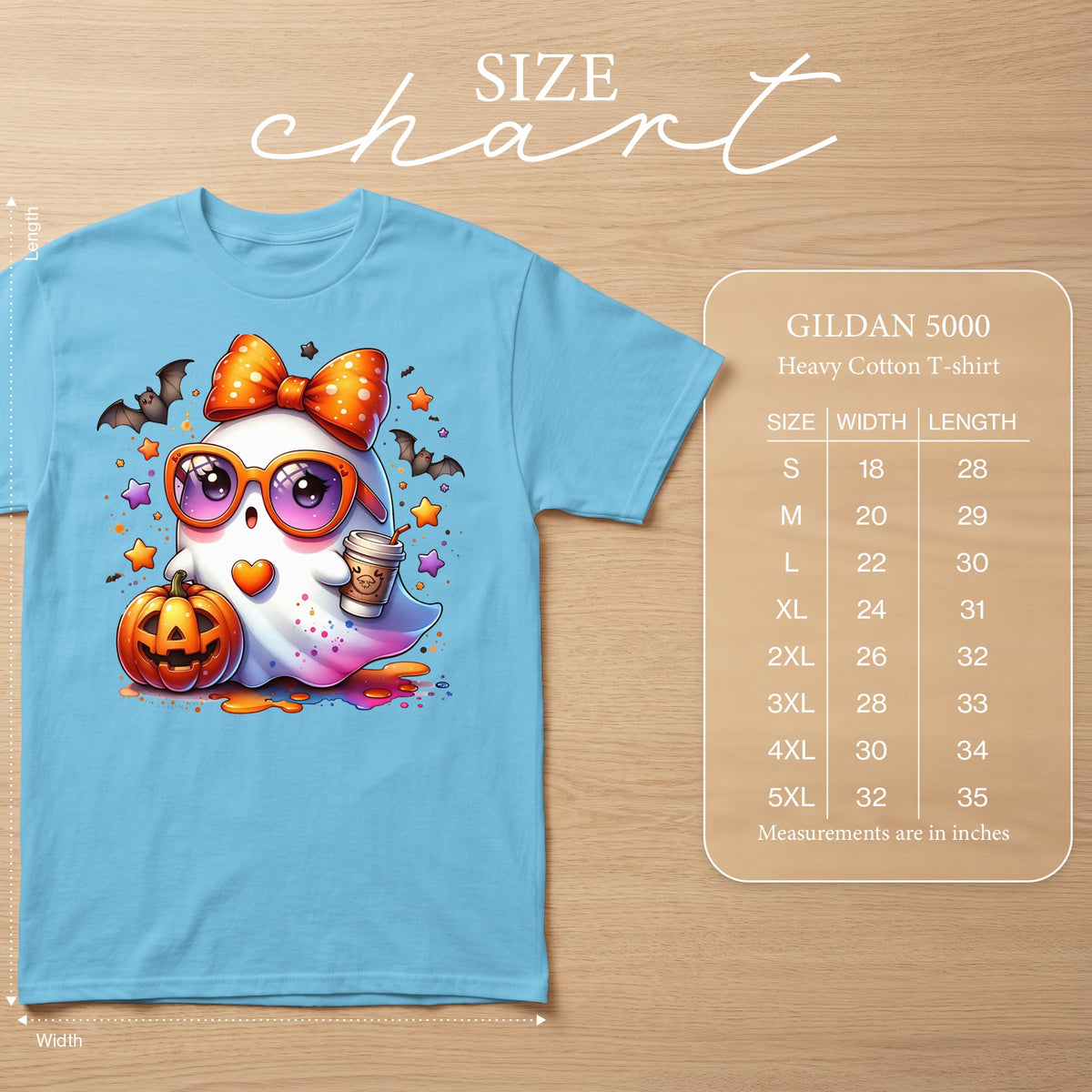 Light blue t-shirt with a cute ghost graphic and Gildan 5000 size chart.