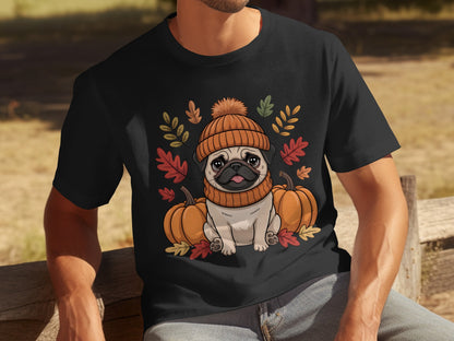 Cute Pug in Autumn Hat with Pumpkins T-shirt