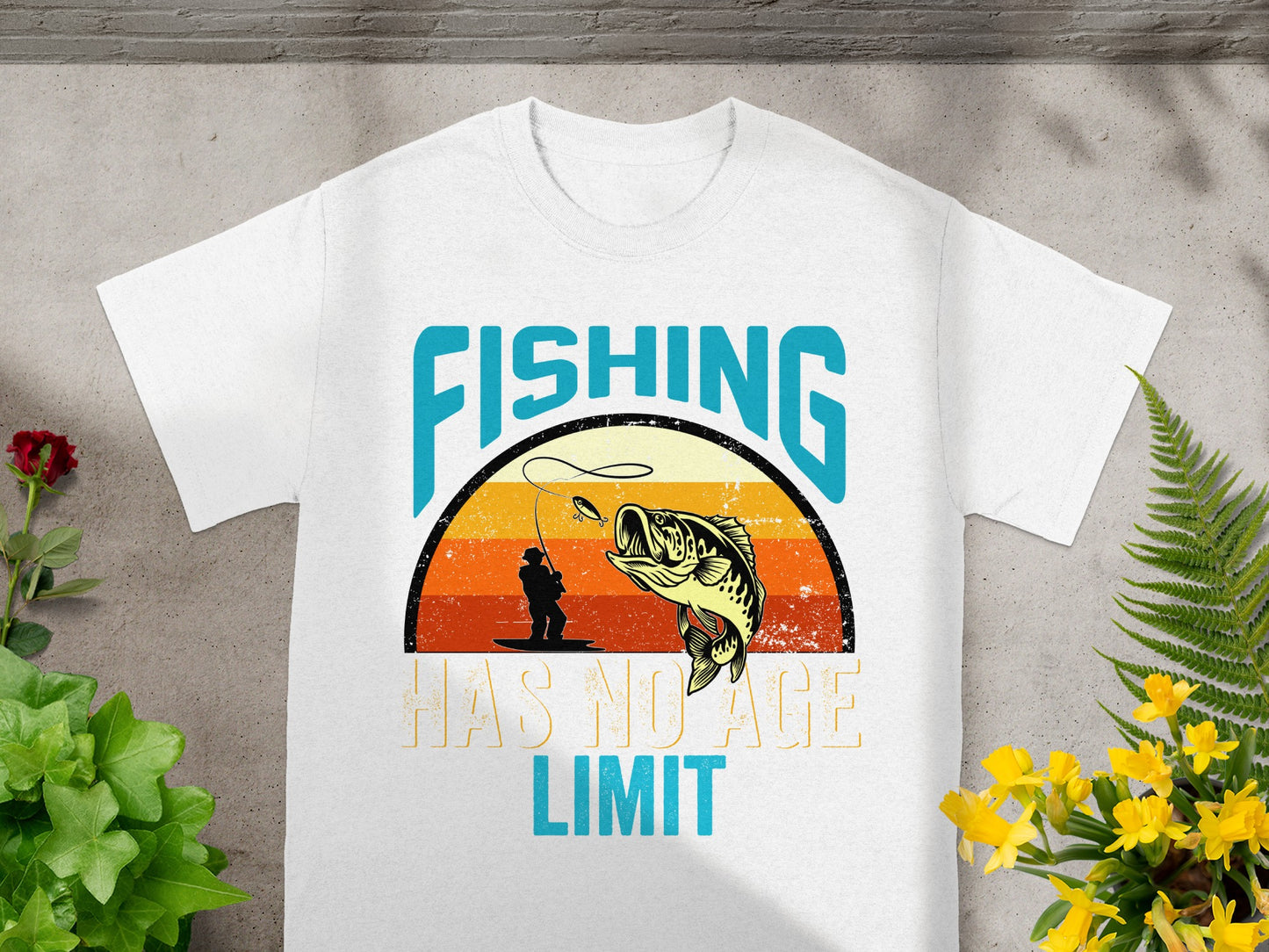 White t-shirt with graphic: "FISHING HAS NO AGE LIMIT" and a bass fish.