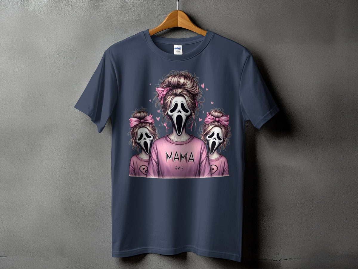 T-shirt with "Mama" and ghost characters wearing pink bows.