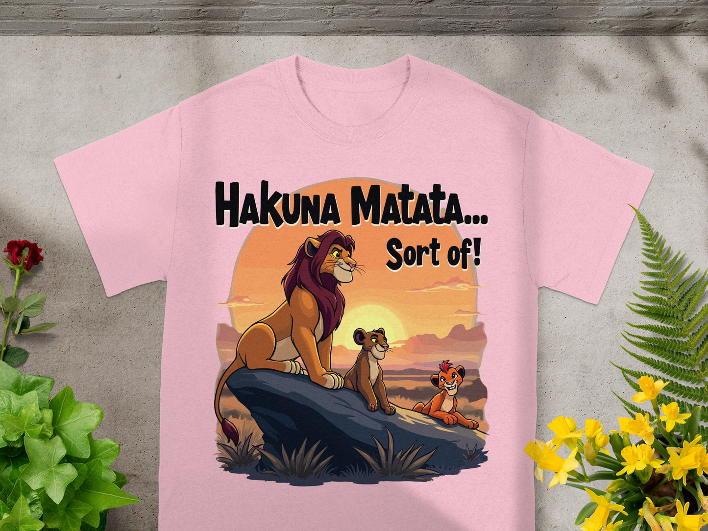Pink t-shirt with "Hakuna Matata... Sort of!" text and The Lion King characters.