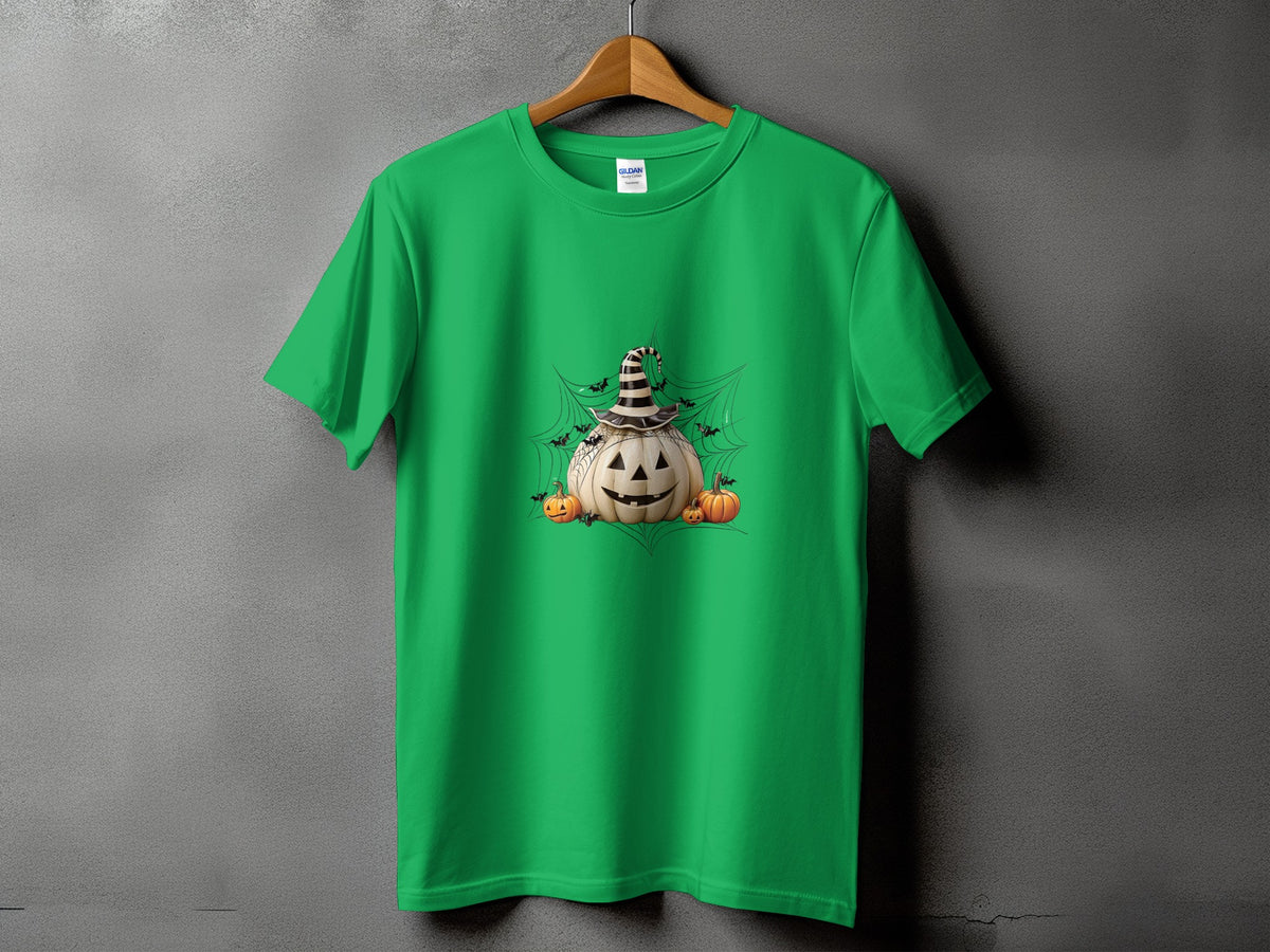 Green t-shirt with Halloween pumpkins, witch hat, spiders, and bats graphic.