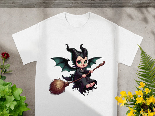 Cartoon baby Maleficent on a broomstick, with horns and wings.