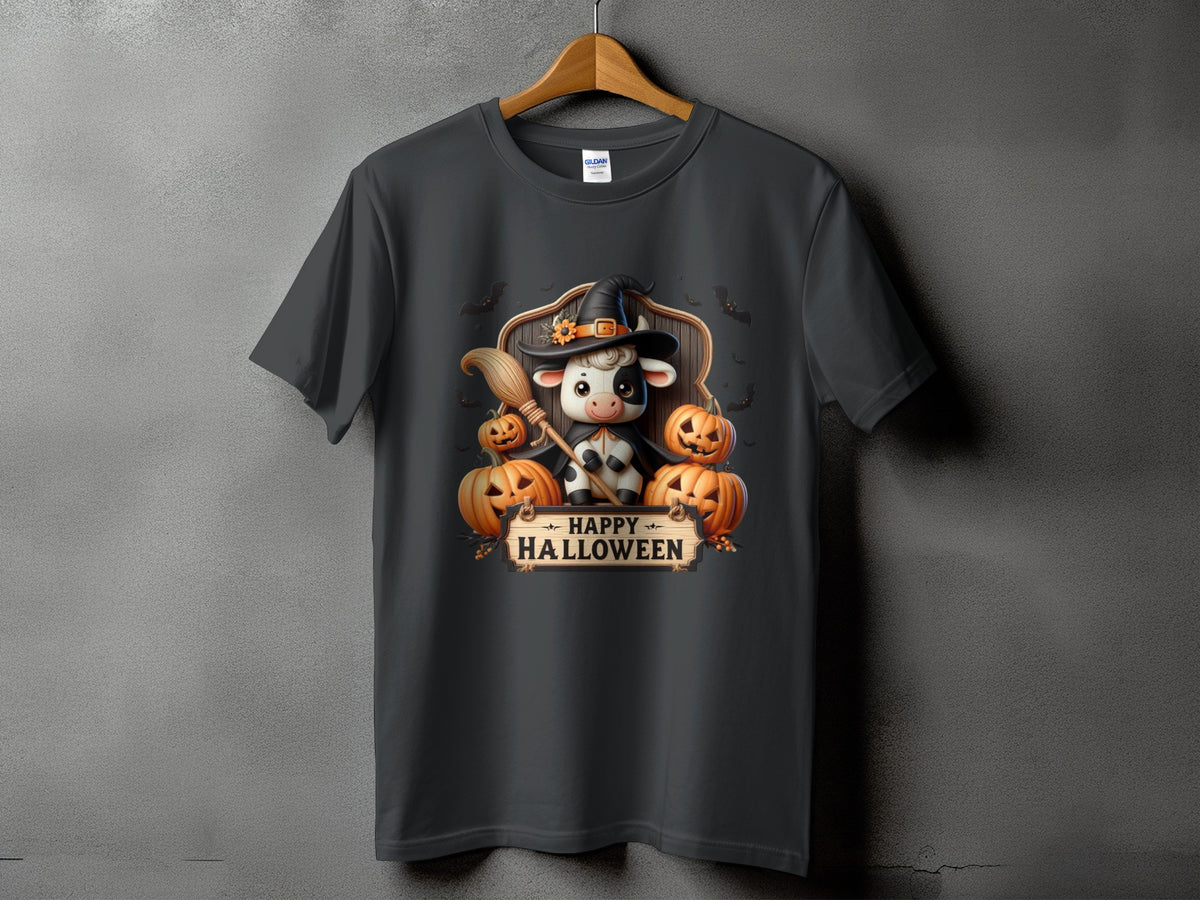 Dark t-shirt with a cartoon cow in a witch hat and bats with "Happy Halloween" text.