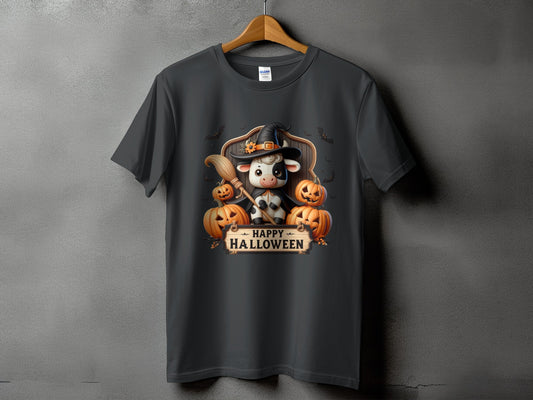 Dark t-shirt with a cartoon cow in a witch hat and bats with "Happy Halloween" text.