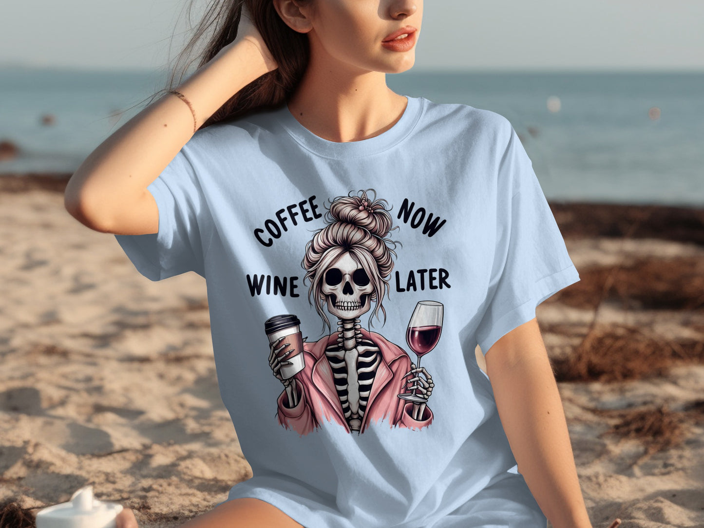 Coffee Now Wine Later Skeleton Graphic Tee Shirt