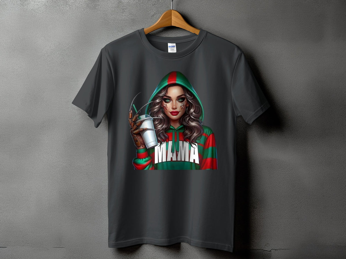 T-shirt with graphic of woman in hooded sweater with "MAMA" text and clawed glove.