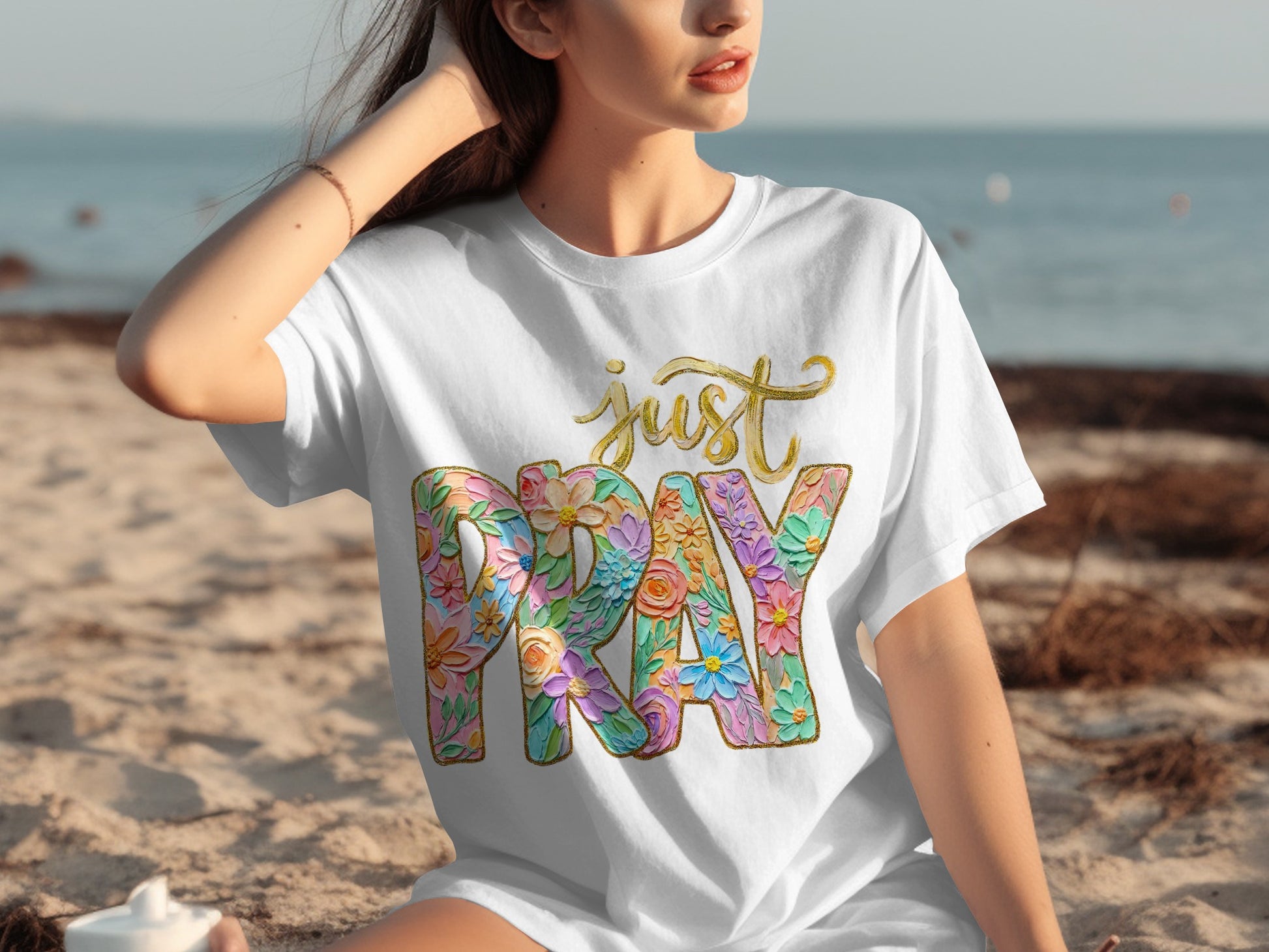 Just Pray Colorful Floral Design T-Shirt