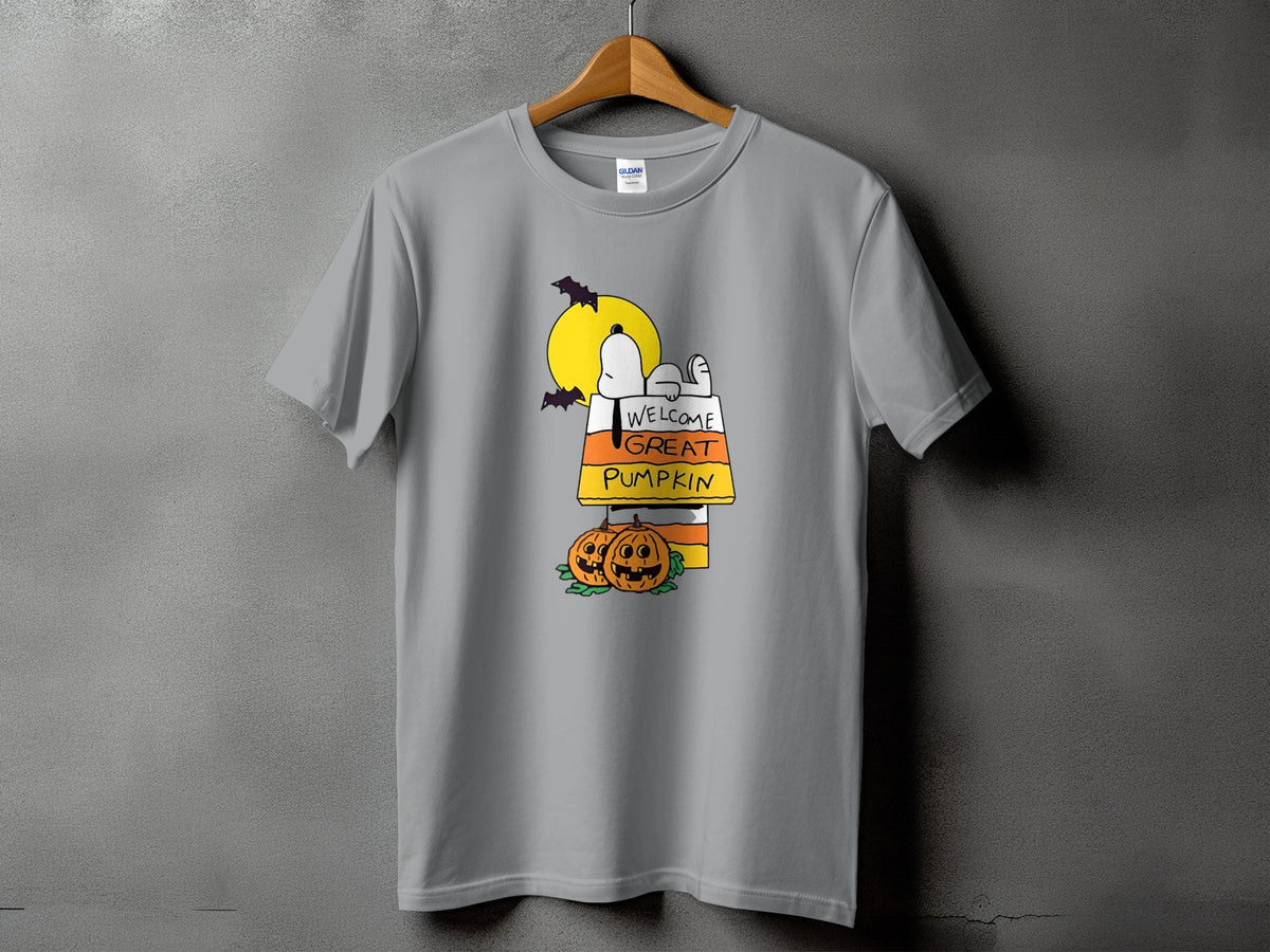 Grey t-shirt with Snoopy, candy corn, pumpkins, bats, and moon graphic.