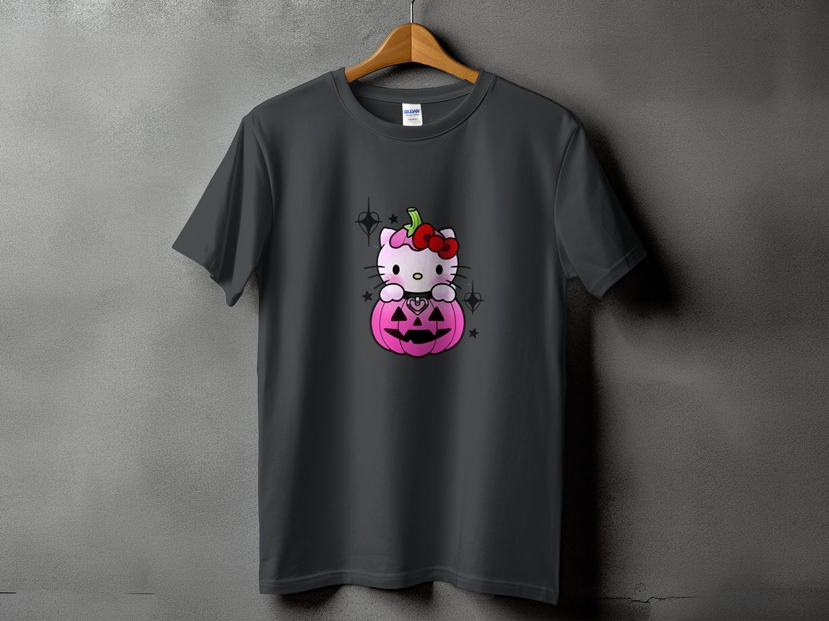 Dark grey t-shirt with Hello Kitty inside a pink jack-o'-lantern.