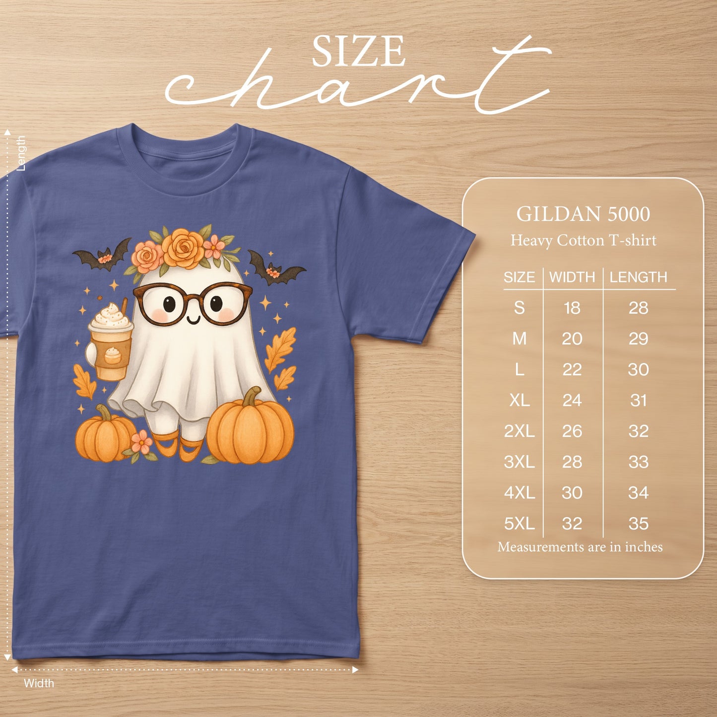 Ghost with glasses, holding pumpkin spice latte, with pumpkins and bats, on Gildan 5000 shirt.