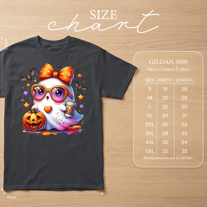 T-shirt with a cute ghost graphic, pumpkin, coffee, and bats, with a size chart.