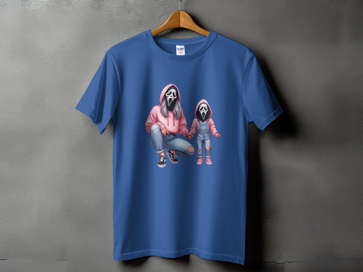 T-shirt with ghost mask characters, one adult and one child, in pink hoodies and denim.