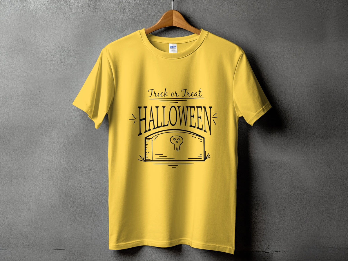 Yellow t-shirt with "Trick or Treat Halloween" text and a tombstone graphic.