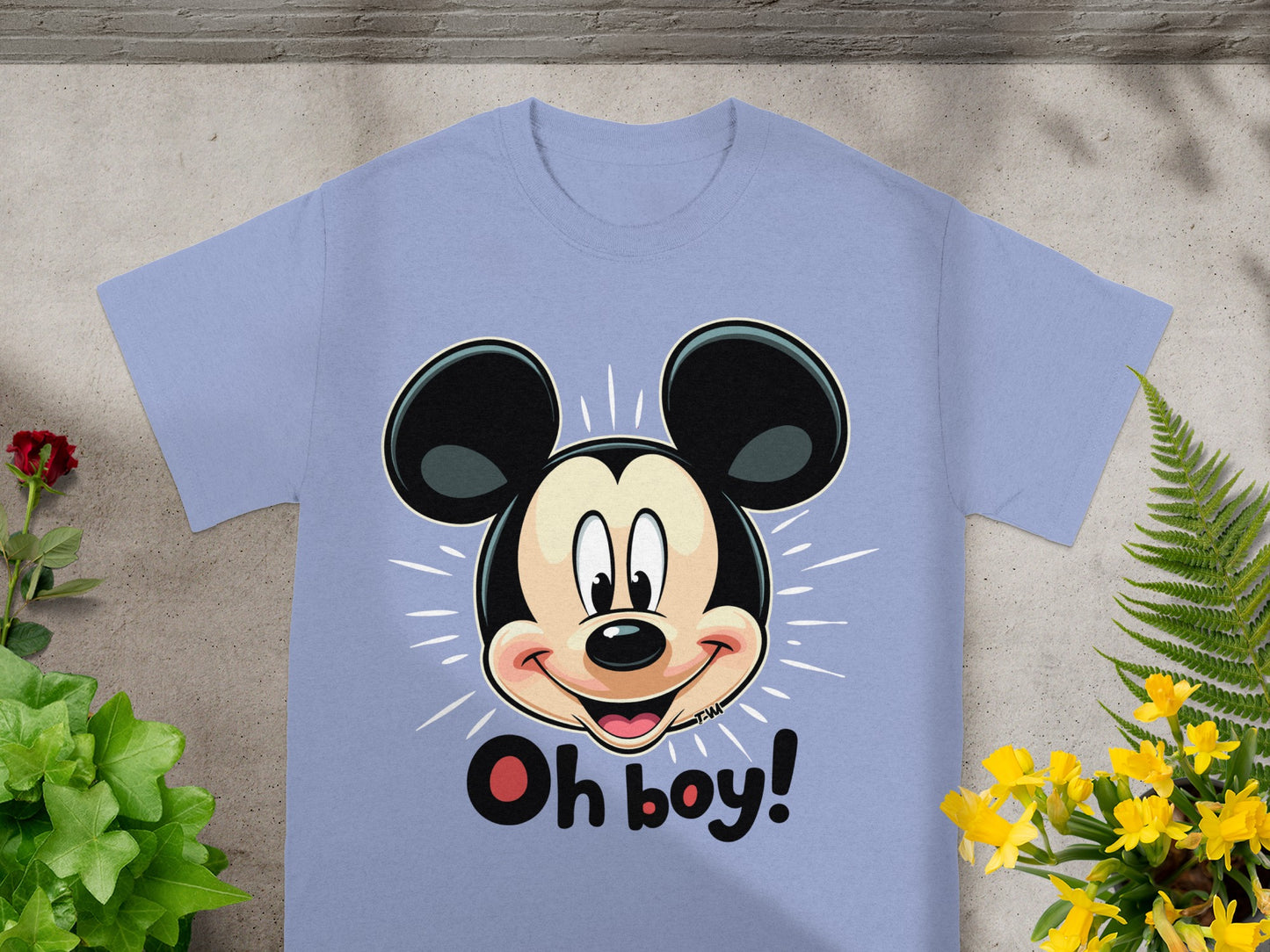 Mickey Mouse head graphic with "Oh boy!" text on a light purple t-shirt.