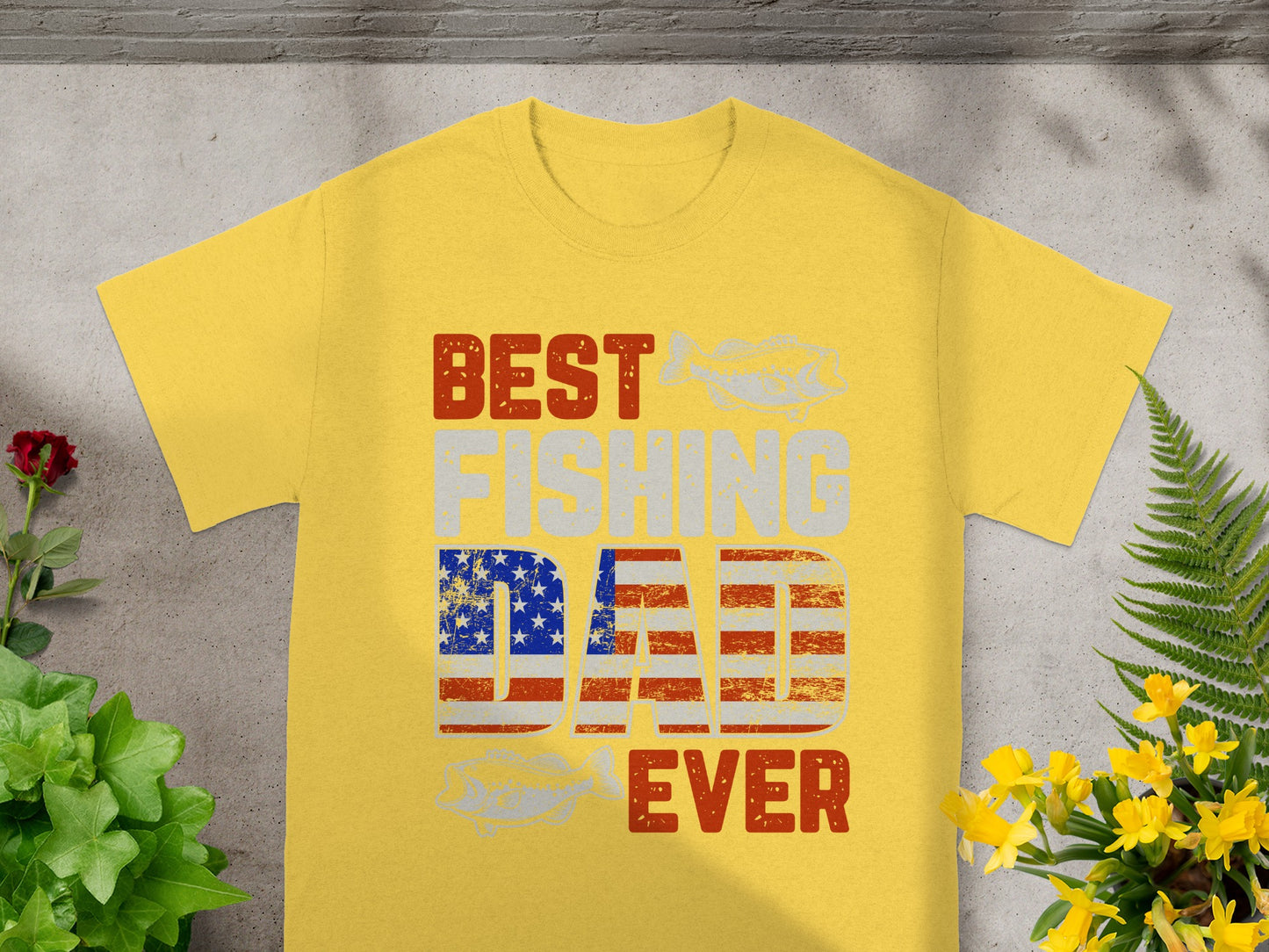 Yellow t-shirt with "BEST FISHING DAD EVER" text and American flag design.