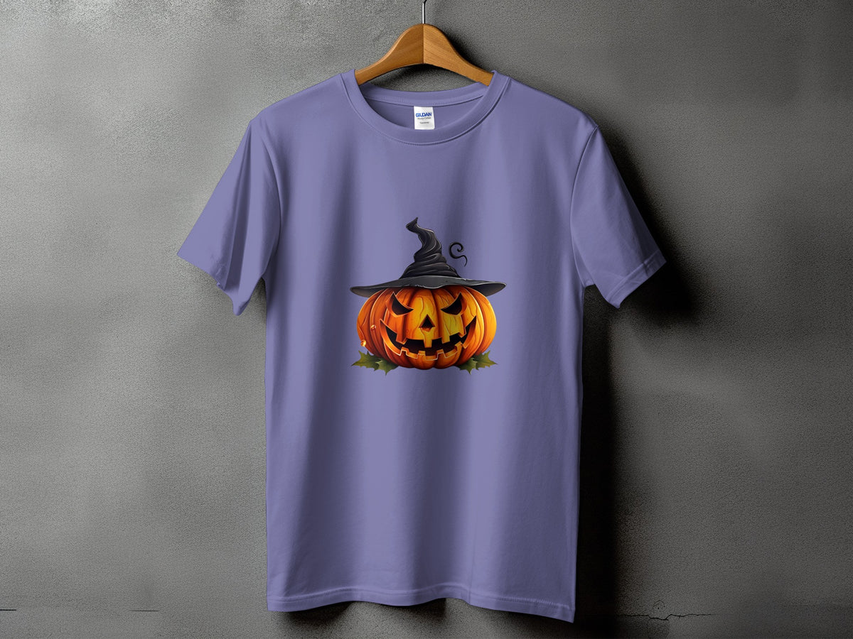 Purple t-shirt with a jack-o'-lantern wearing a witch hat graphic.