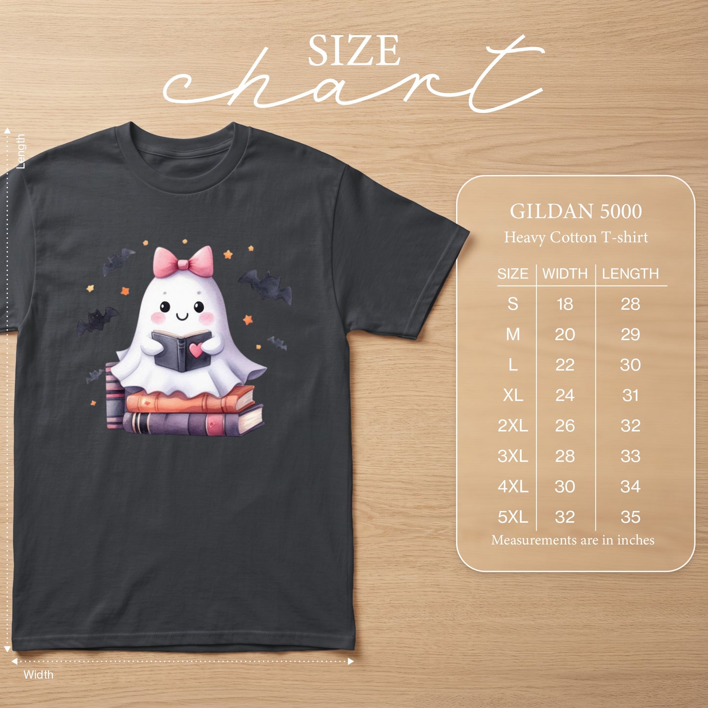 Dark gray t-shirt with cute ghost reading a book on stacked books, with bats and stars. Size chart included.