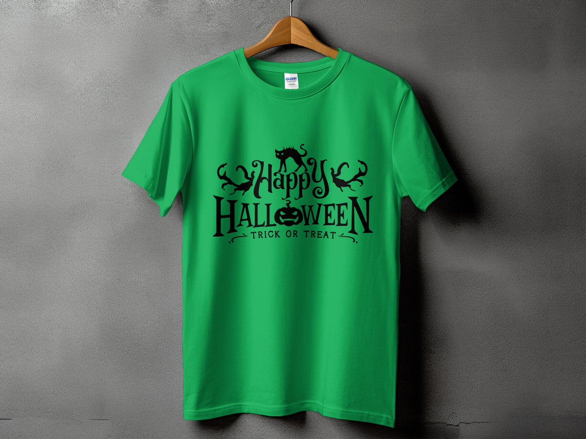 Green t-shirt with black text: Happy Halloween, Trick or Treat.