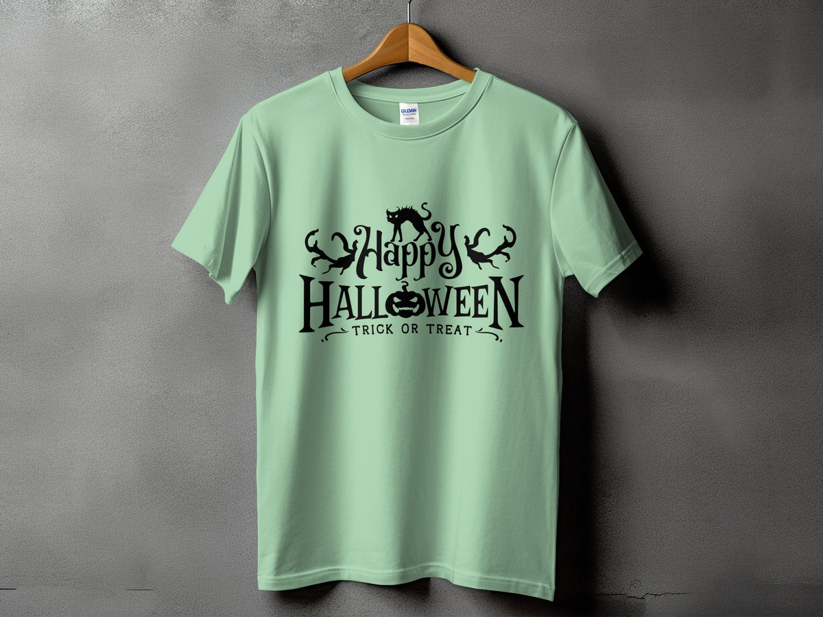 Light green t-shirt with black "Happy Halloween Trick or Treat" graphic.