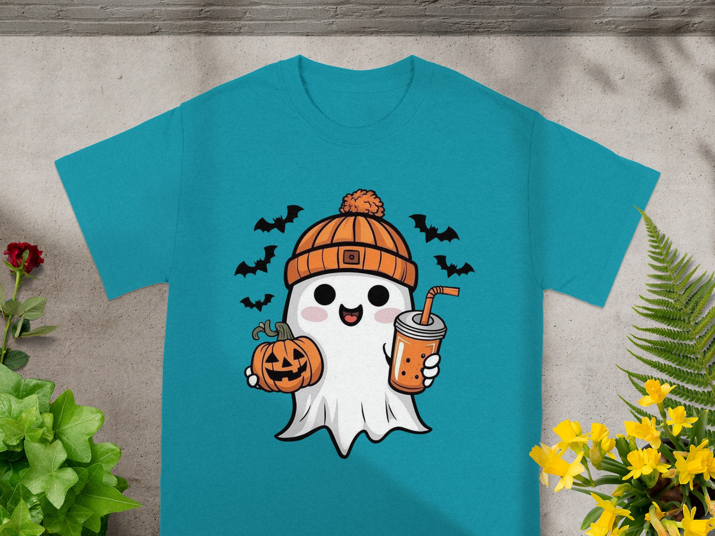 Cartoon ghost in orange hat holding pumpkin and drink, surrounded by bats.
