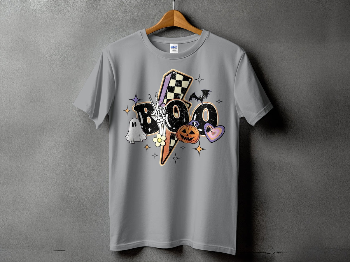 Grey t-shirt with Halloween "BOO" graphic featuring a ghost, pumpkin, skeleton hand, and lightning bolt.