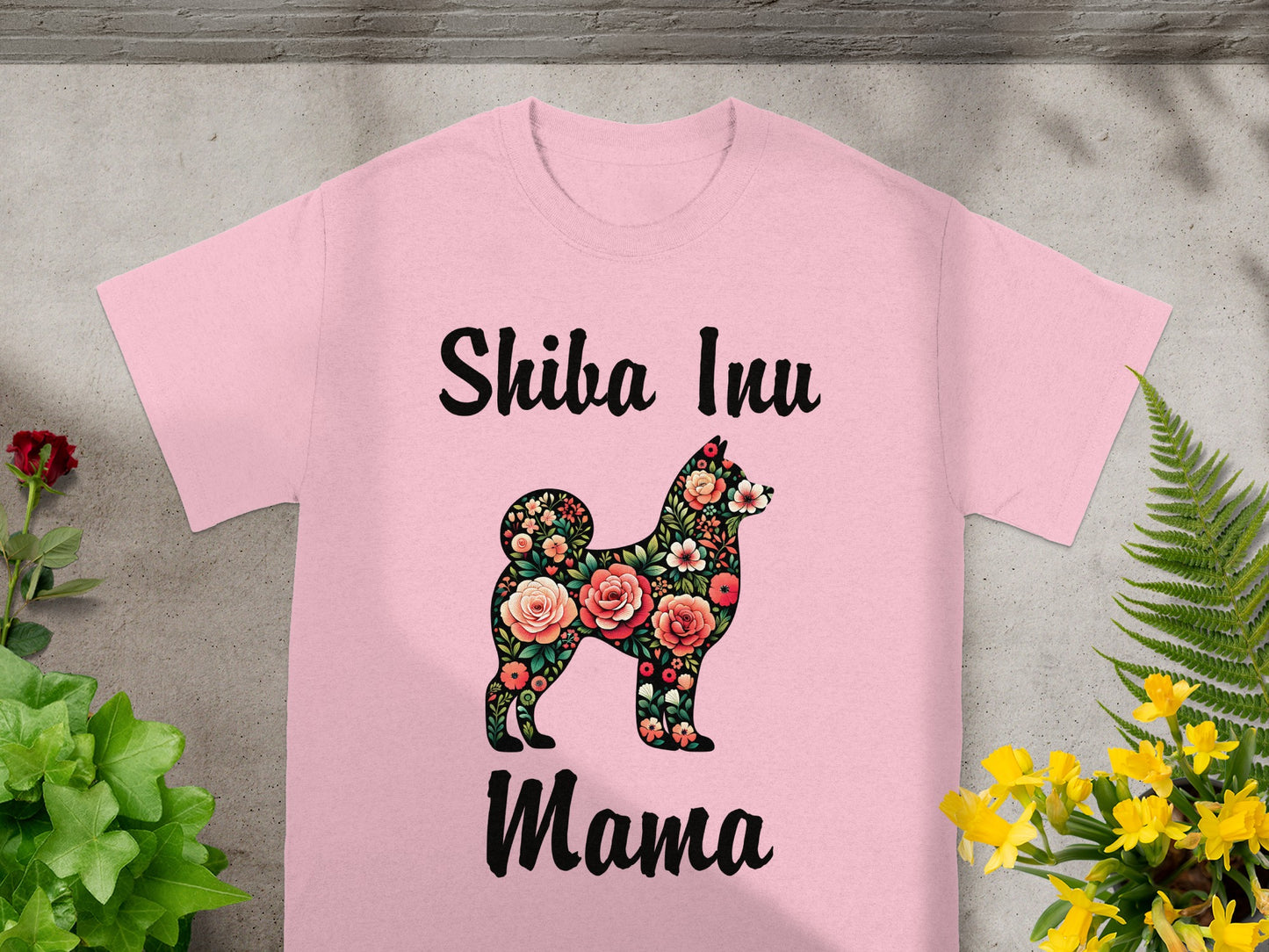 Pink t-shirt with "Shiba Inu Mama" text and floral dog silhouette.