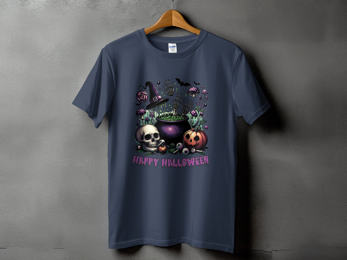 Dark blue t-shirt with a "Happy Halloween" graphic featuring a cauldron, skull, and pumpkin.