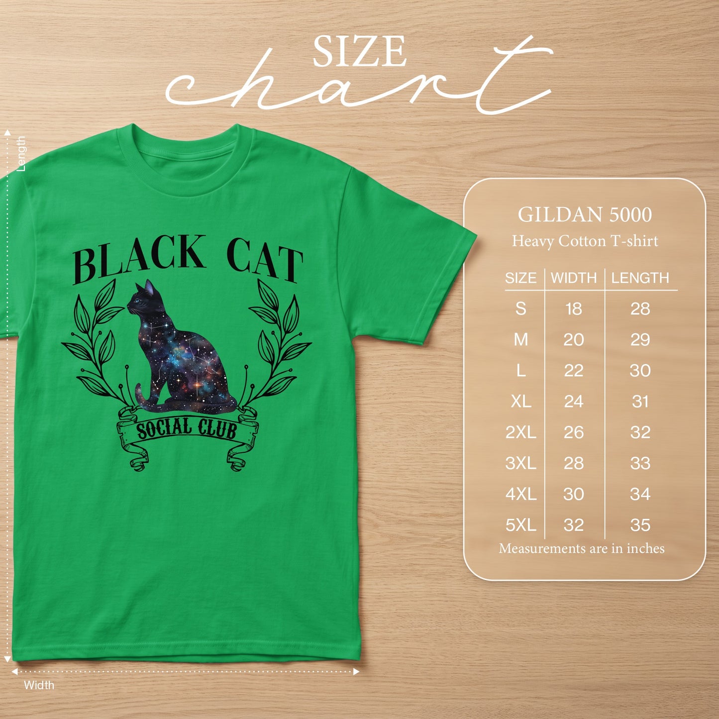Green t-shirt with black cat graphic and "Black Cat Social Club" text. Size chart included.