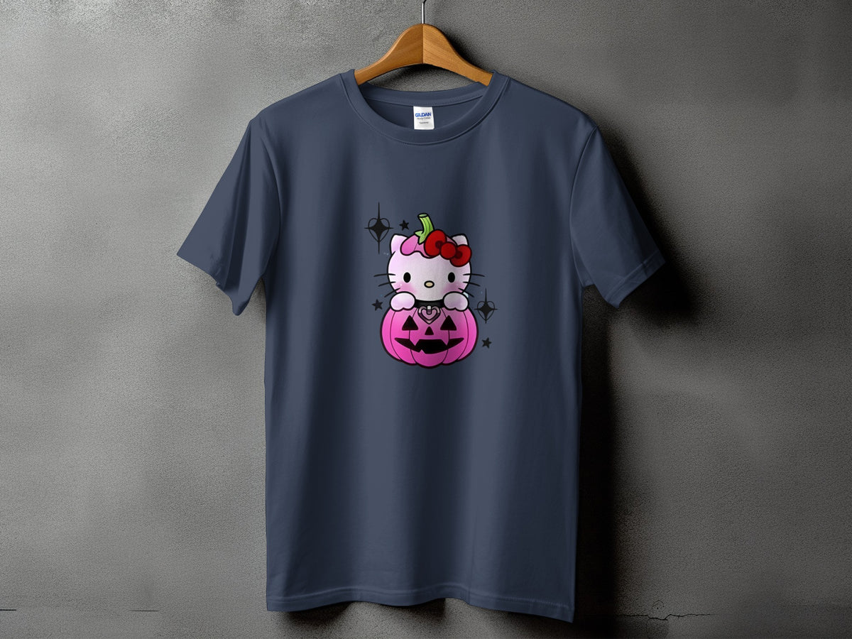 Dark blue t-shirt with Hello Kitty sitting in a pink jack-o'-lantern.