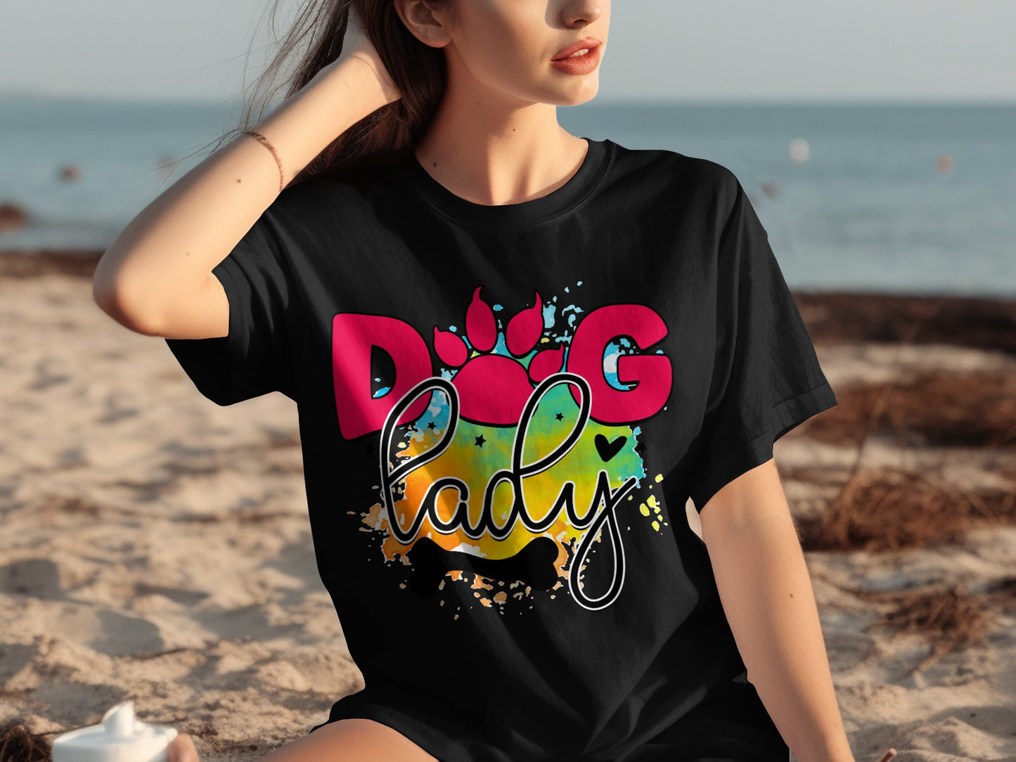 Colorful Dog Lady Graphic Tee Shirt for Beach Lovers