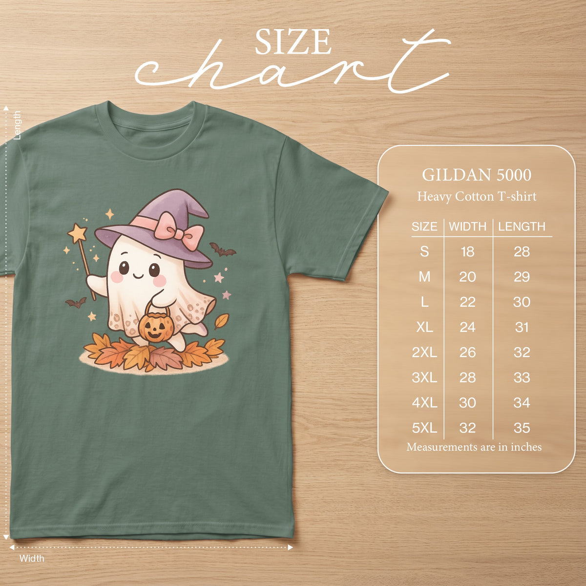 Size chart for Gildan 5000 Heavy Cotton T-shirt with ghost graphic.