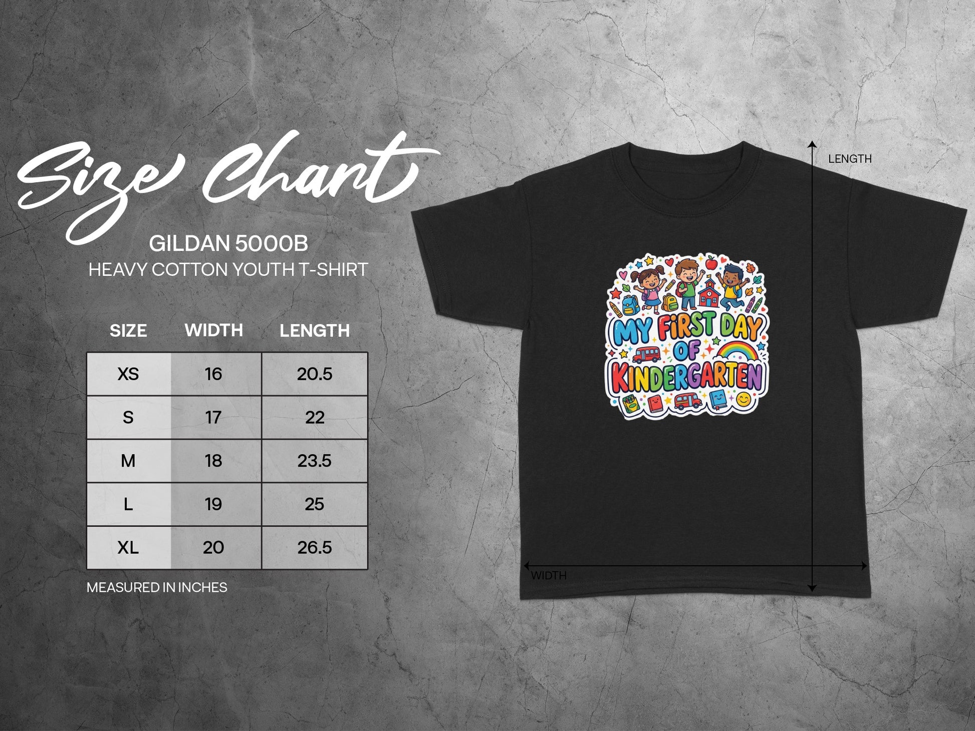 Black t-shirt with "My First Day of Kindergarten" graphic and size chart.