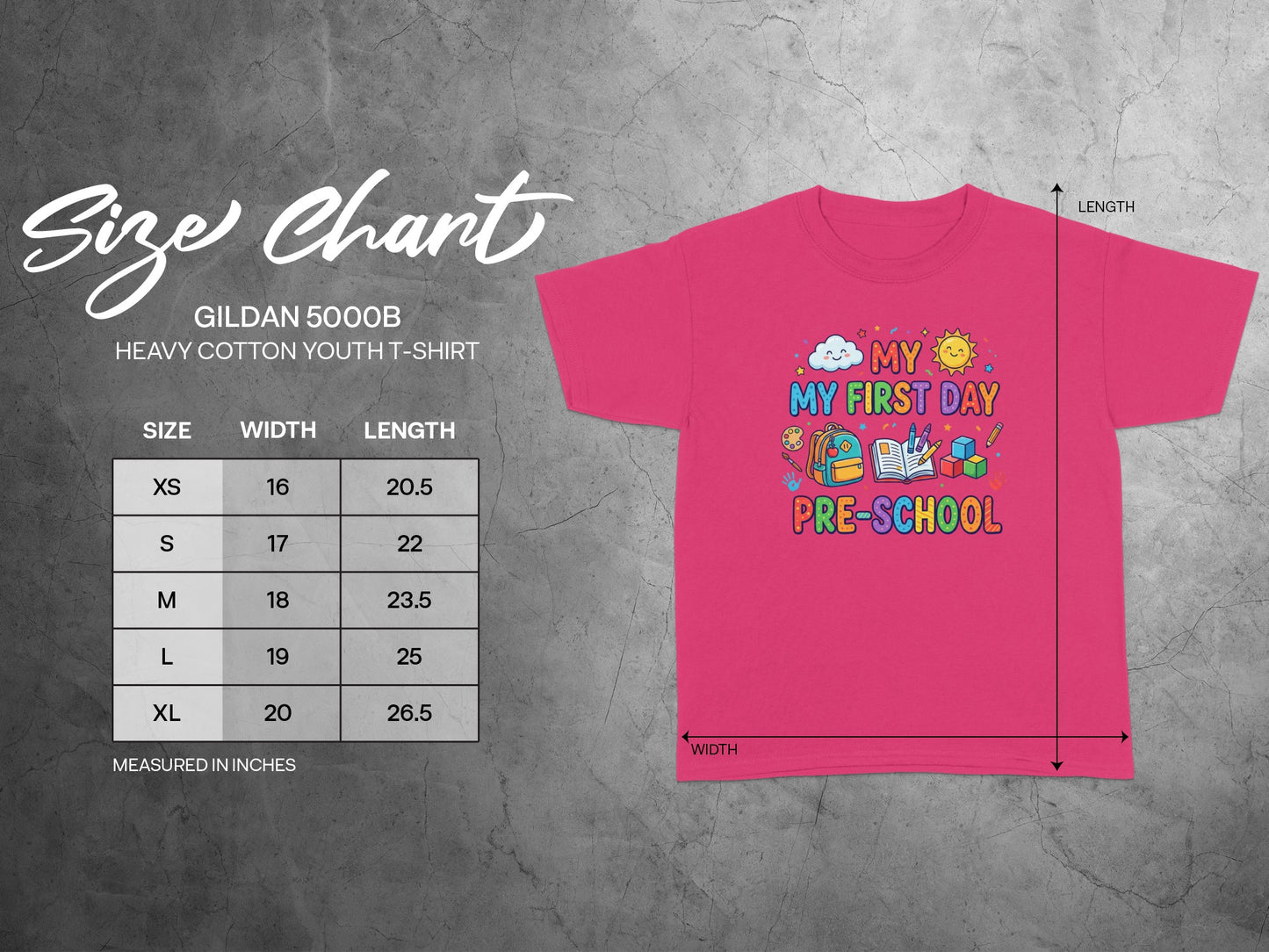 Gildan 5000B size chart with width and length measurements for youth t-shirts.