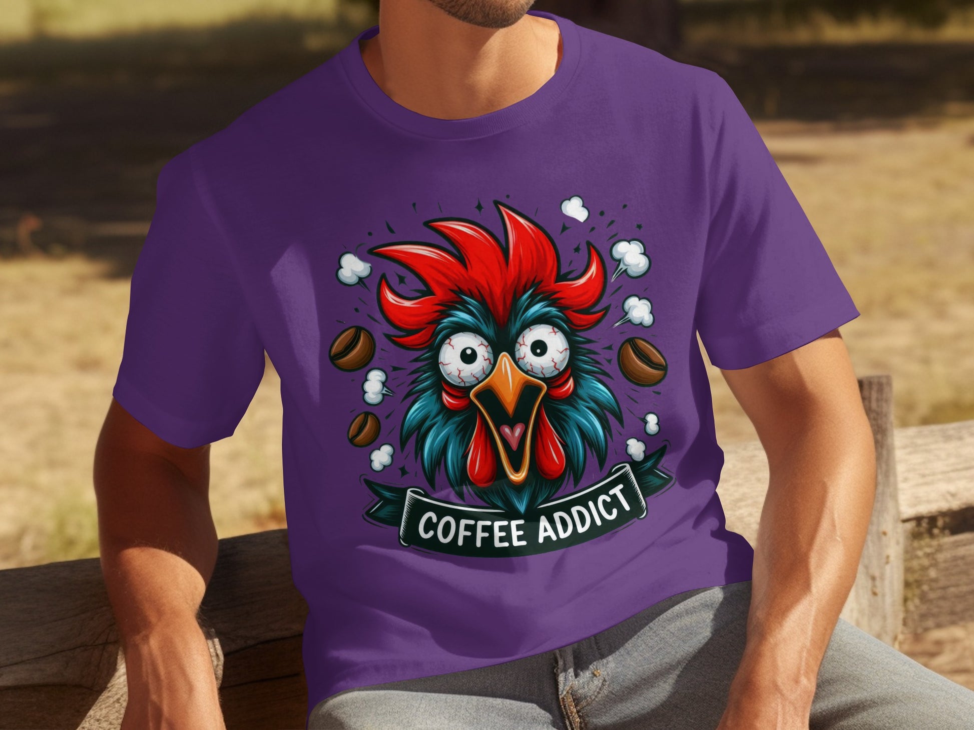 Coffee Addict Cartoon Rooster Fun Graphic T-Shirt