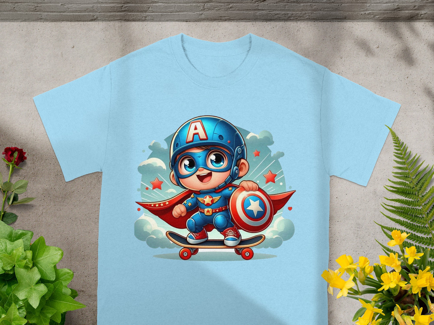 Cartoon superhero child with shield and cape riding a skateboard.