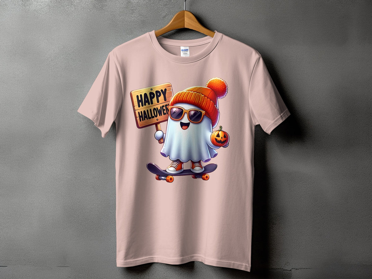 Ghost wearing a beanie and sunglasses riding a skateboard holding a pumpkin.
