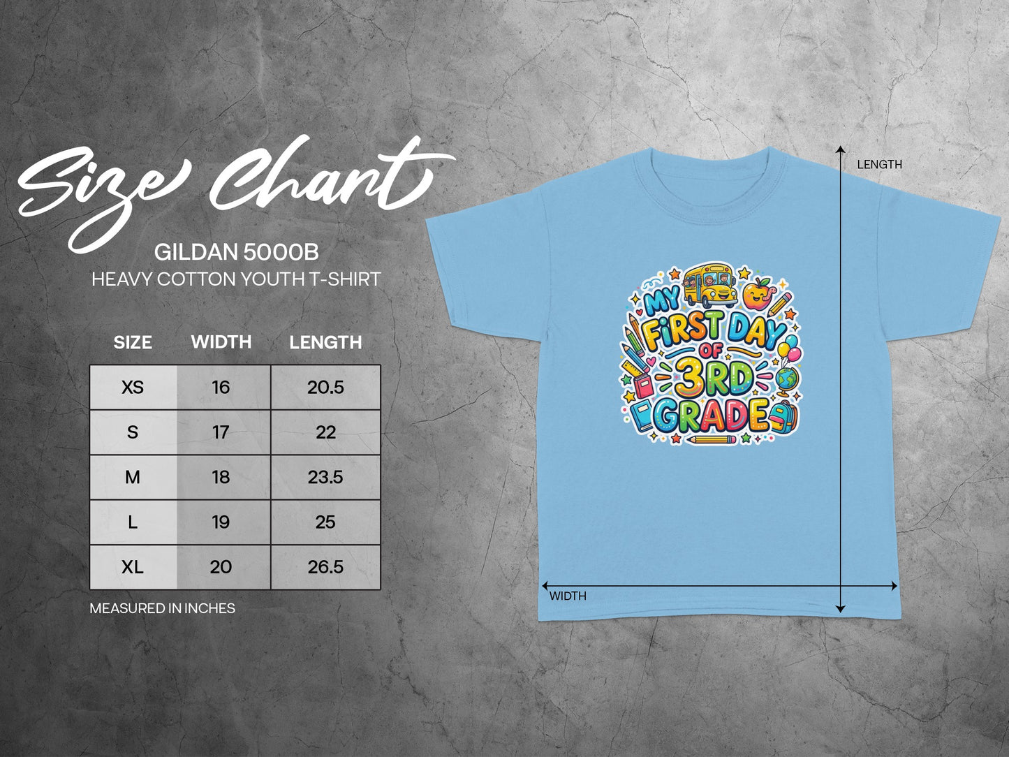 Light blue youth t-shirt with "My First Day of 3rd Grade" graphic and size chart.