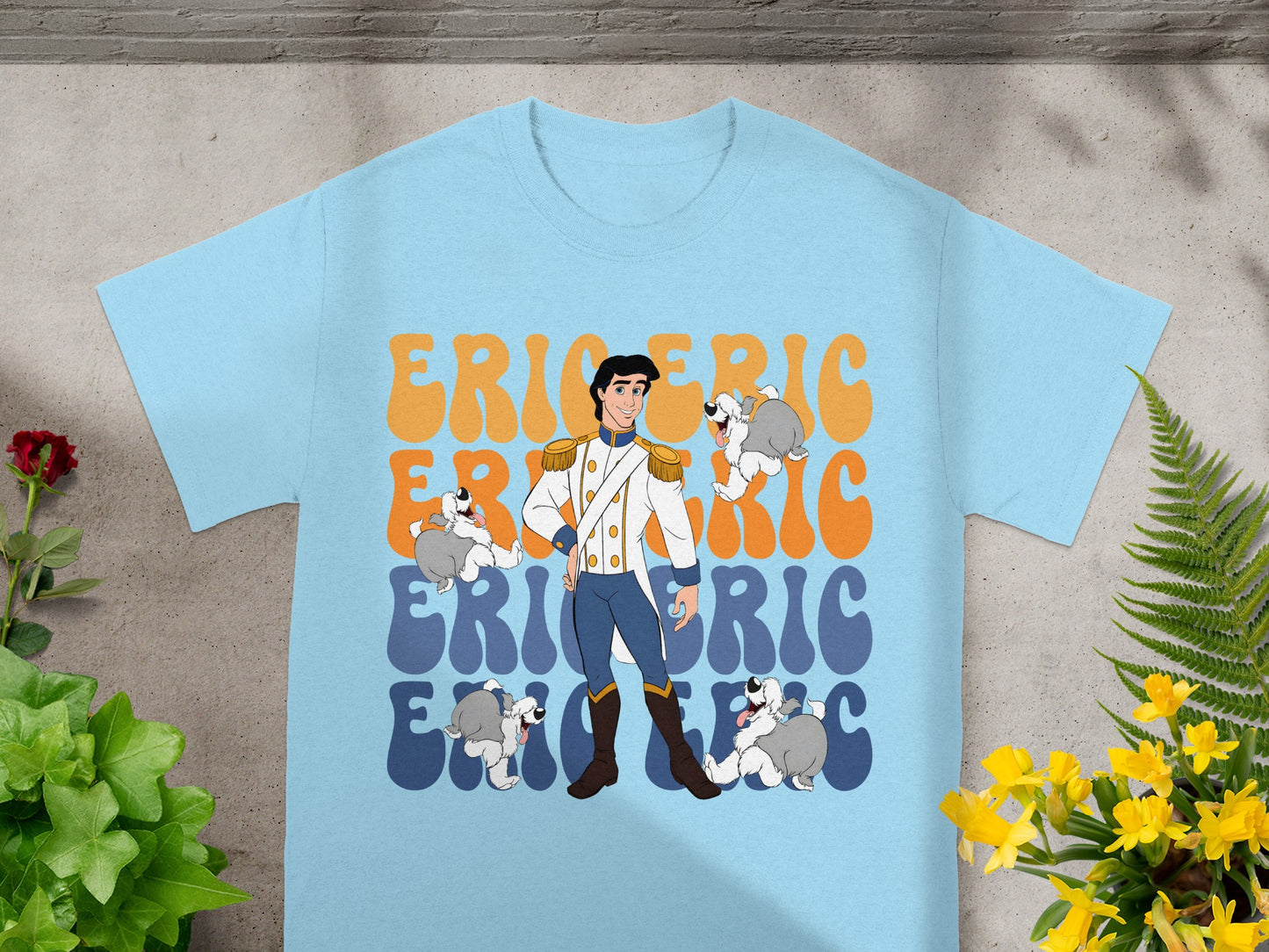 Prince Eric from The Little Mermaid with dogs and wavy text.