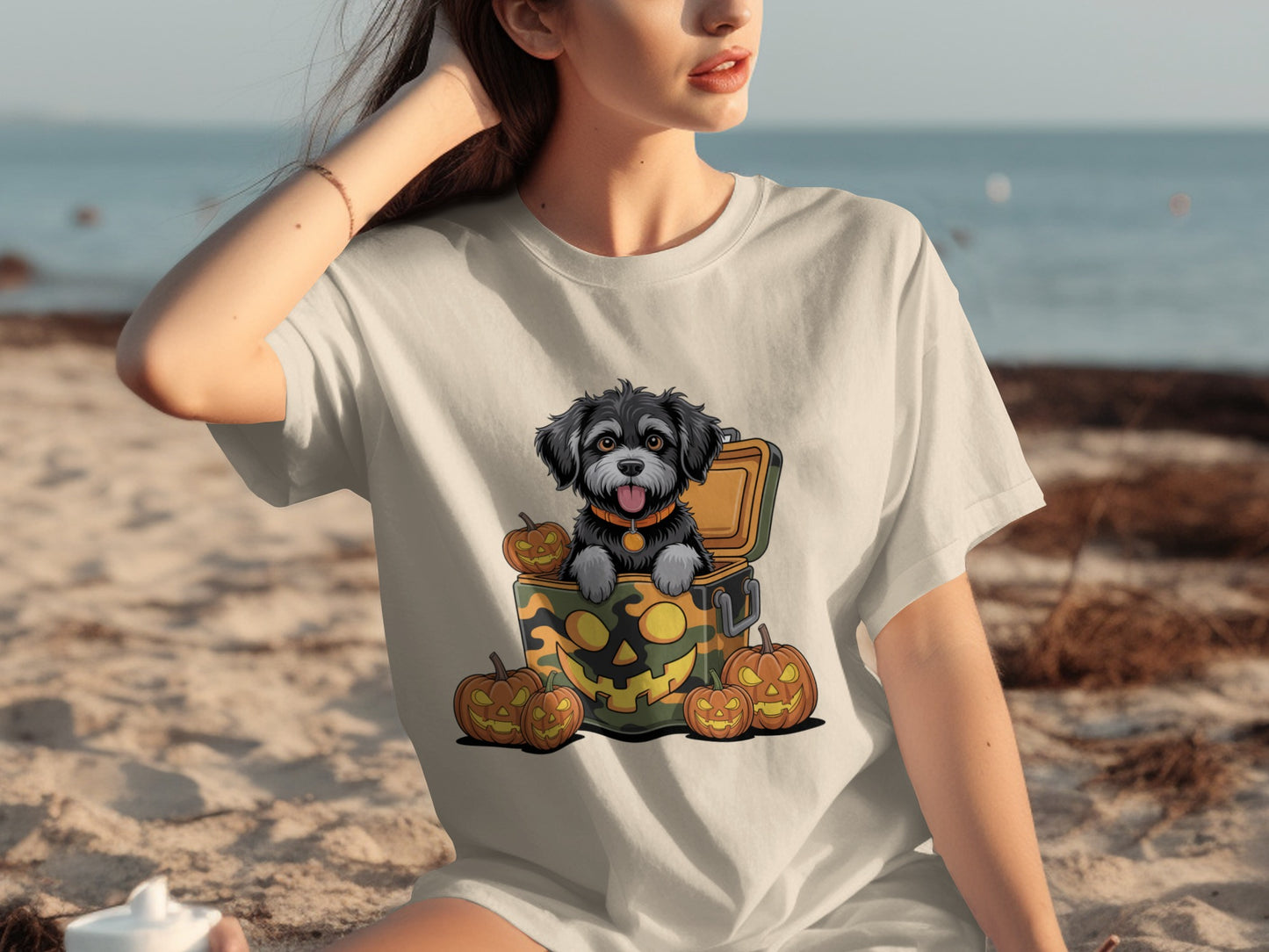 Cute Puppy with Halloween Pumpkins Beach Shirt